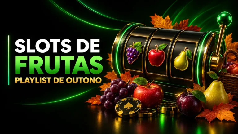 Máquina de slots de frutas com uvas, maçã e pera numa composição de outono