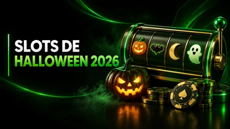Máquina de slots com símbolos de Halloween e abóbora iluminada para a época de 2026