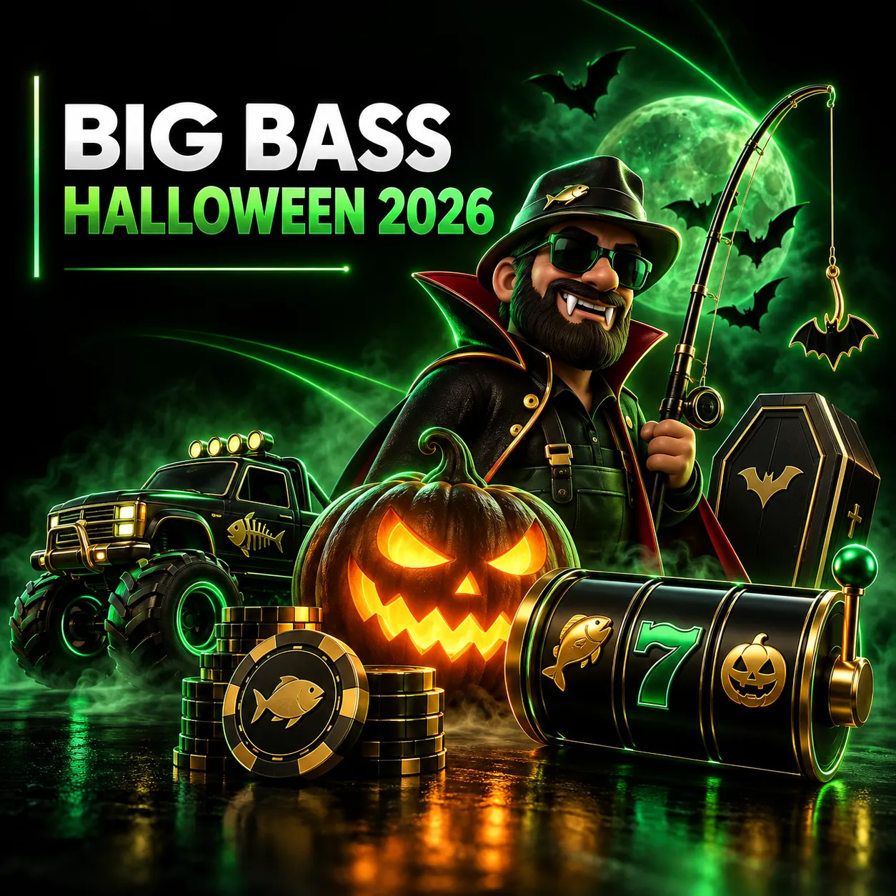 Pescador inspirado em vampiro, abóbora e elementos de slot Big Bass Halloween 2026
