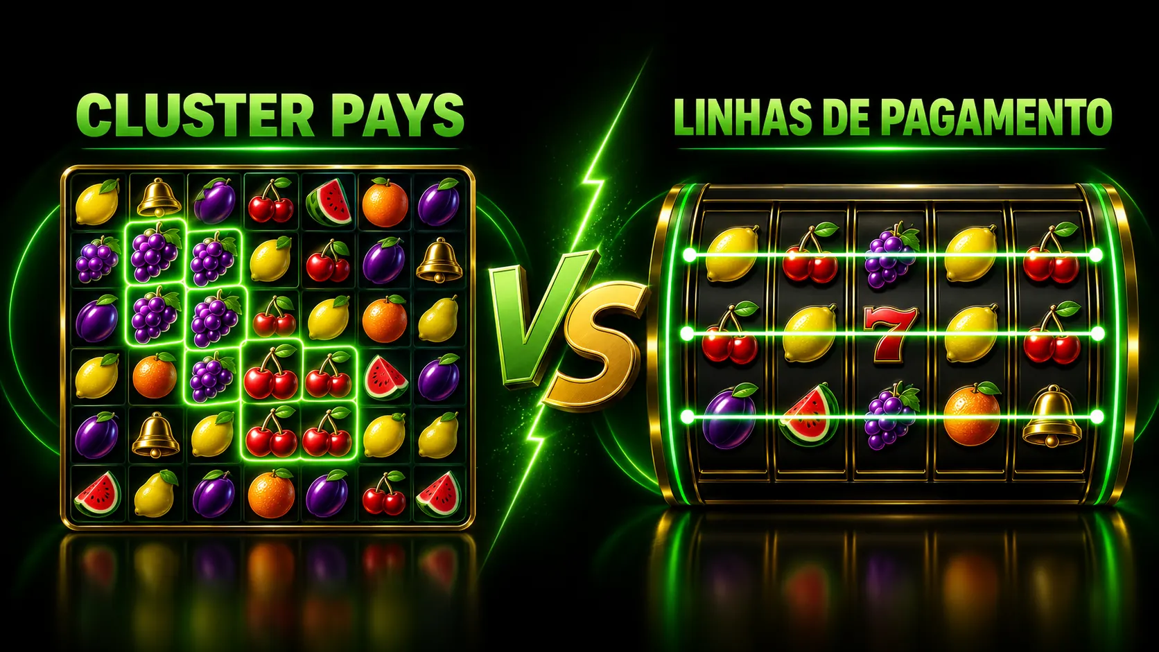 Comparação entre Cluster Pays e linhas de pagamento em slots de frutas