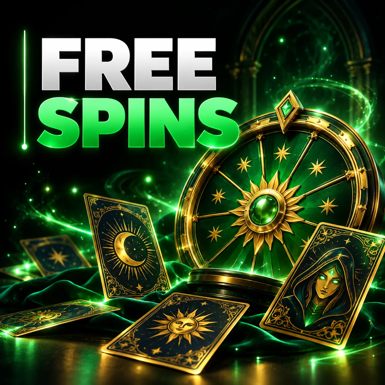 Ilustração da secção Free Spins com roda e cartas