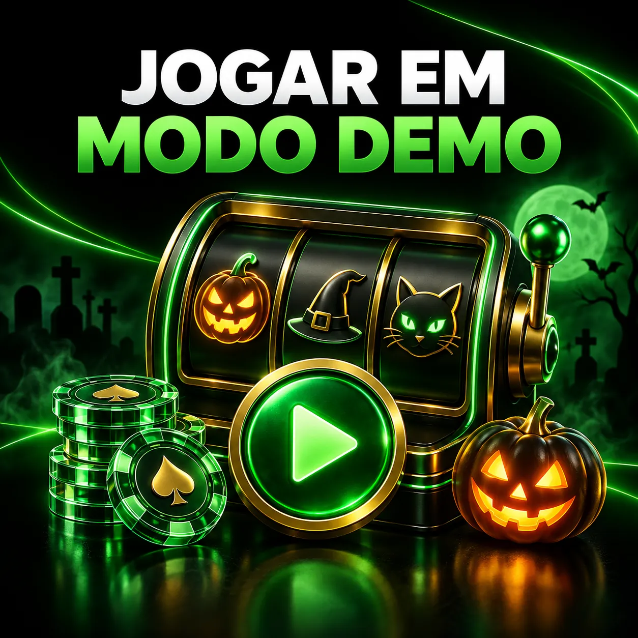 Máquina de slots de Halloween em modo demo com botão de reprodução e créditos virtuais