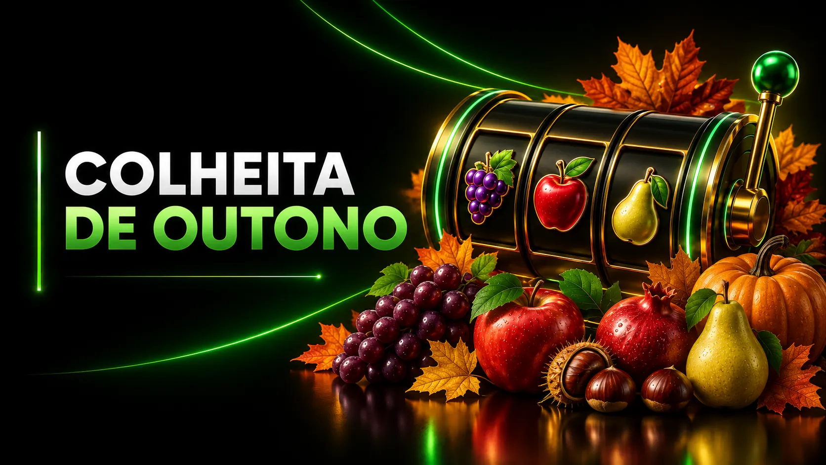 Máquina de slots rodeada por frutos e elementos da colheita de outono