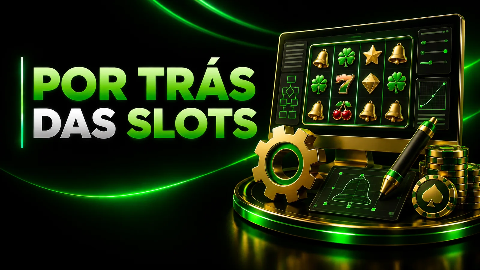 Criação de slots ilustrada por um monitor, rolos e ferramentas de design