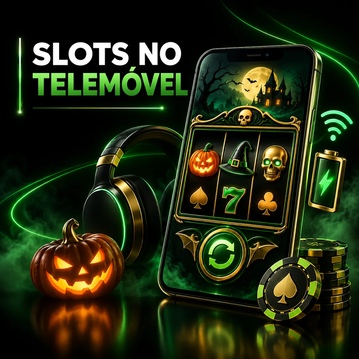 Slot de Halloween num telemóvel com auscultadores, Wi-Fi e indicador de bateria