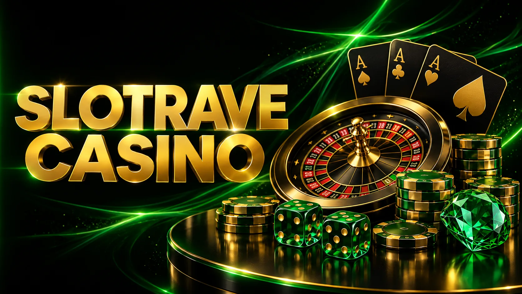 Ilustração do Slotrave Casino com roleta, cartas, fichas e dados.