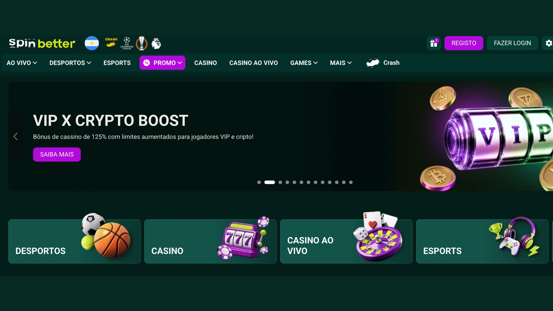 Página inicial do Spinbetter com acesso ao casino, desportos e casino ao vivo