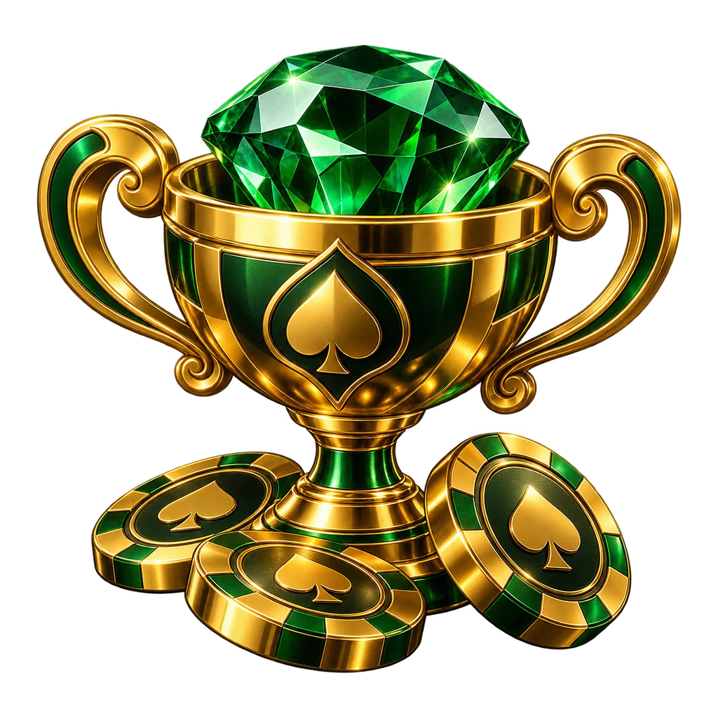 Troféu dourado com esmeralda e fichas de casino