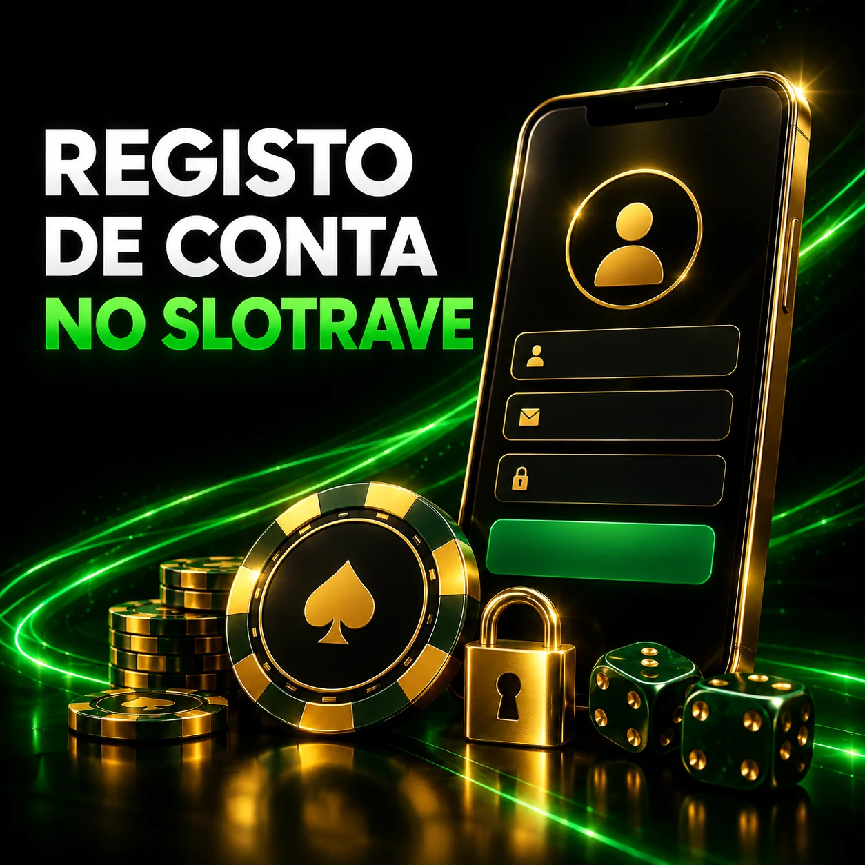 Ilustração do registo de conta no Slotrave, com telemóvel e cadeado.