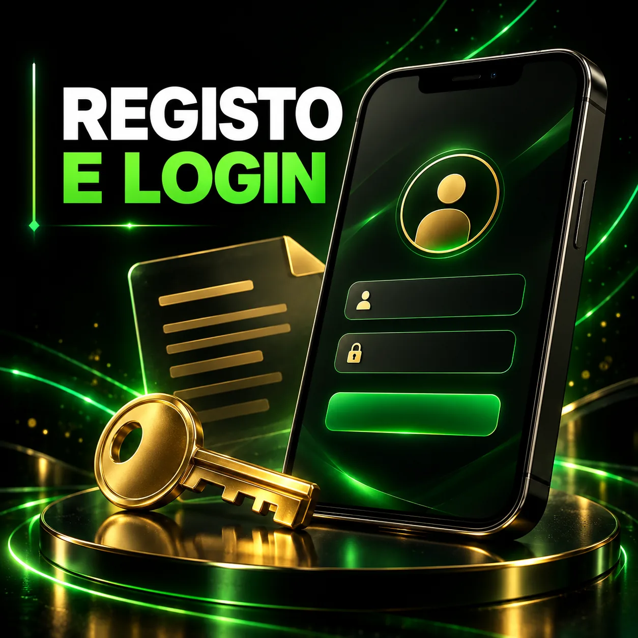 Registo e login: telemóvel com campos de acesso e chave