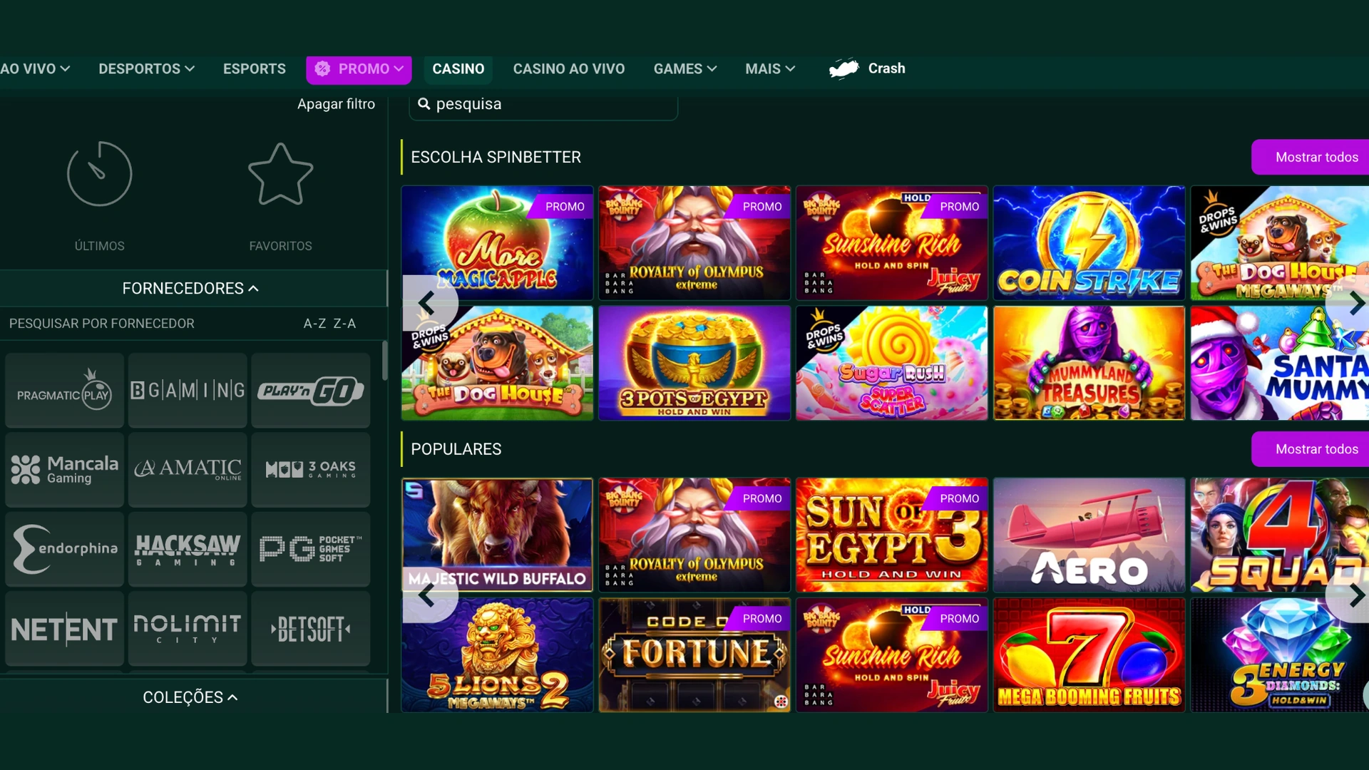 Seleção de slots populares e fornecedores de jogos no Spinbetter