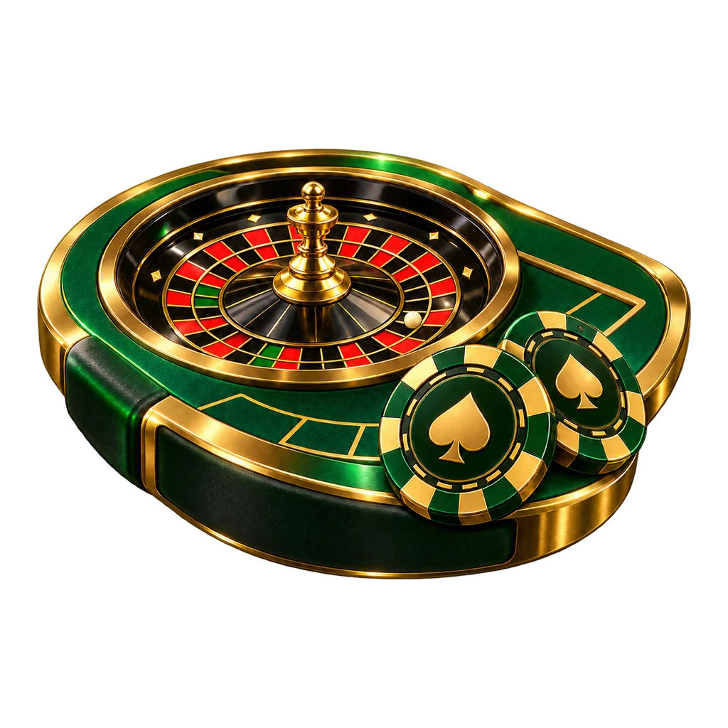 Mesa de roleta verde e dourada com fichas