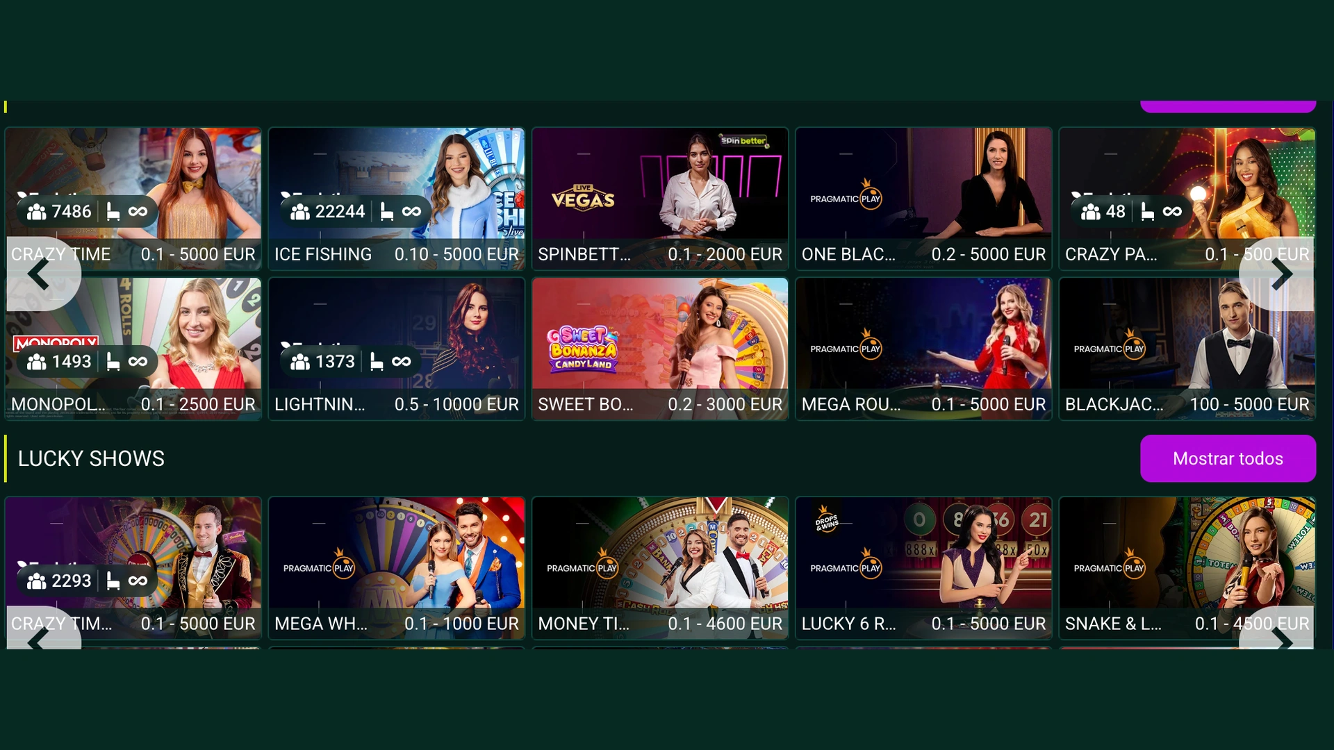 Jogos de casino ao vivo e secção Lucky Shows no Spinbetter