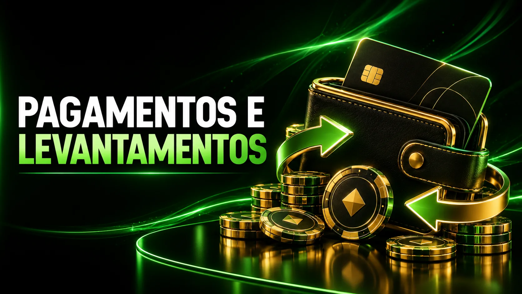 Carteira, cartão e moedas numa ilustração de pagamentos e levantamentos.